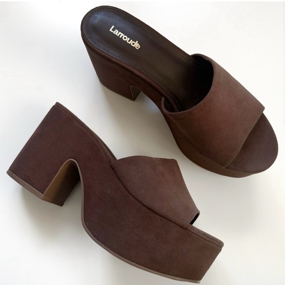 Larroude Miso Chunky Platform Block Heel Clog Sandals Chocolate Suede Size 9 - Picture 3 of 11